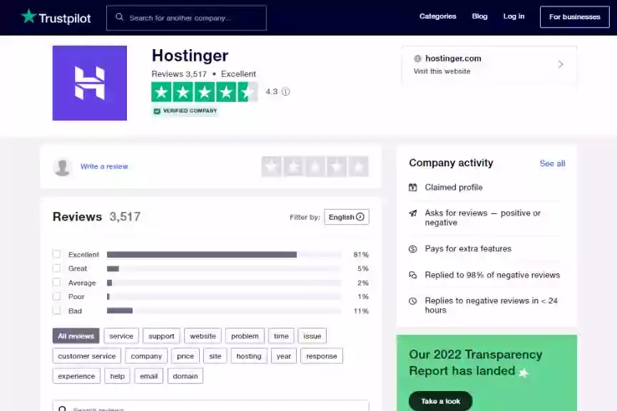 Hostinger reviews Trustpilot